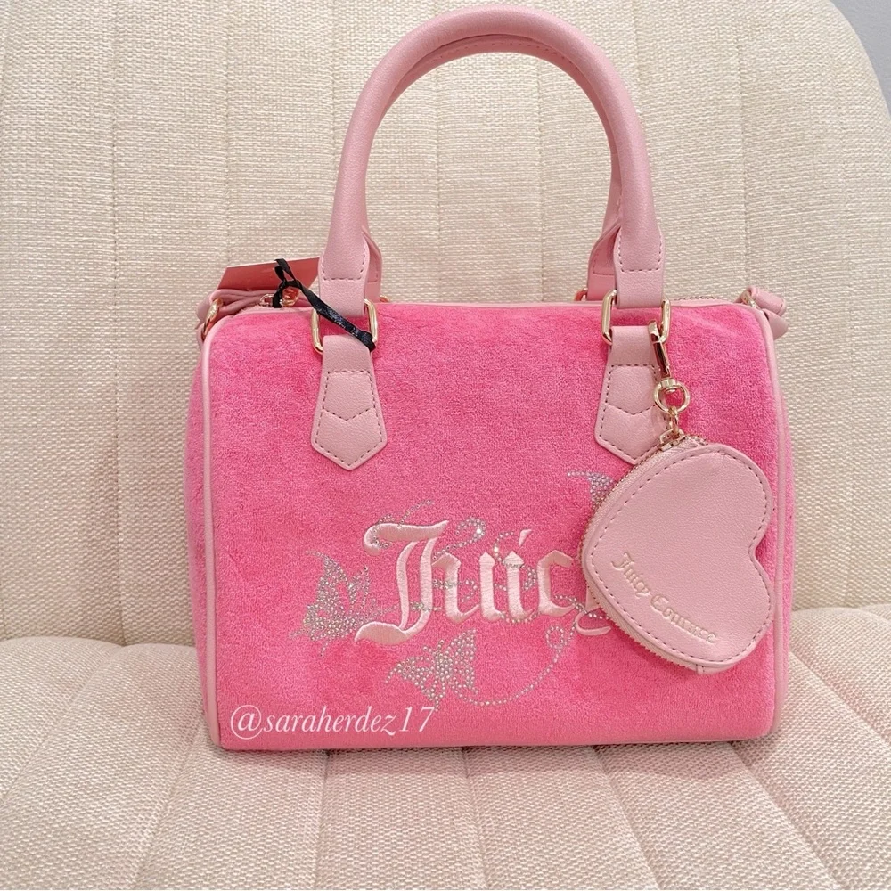 NEW Juicy Couture Pink Terry Cloth Barrel Bag Butterfly‎ Rhinestone Satchel
